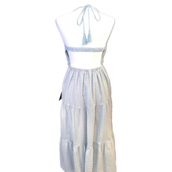NWT Lulu’s | Sunny Reverie Light Blue Swiss Dot Lurex Halter Midi Dress | Small - Picture 7 of 13